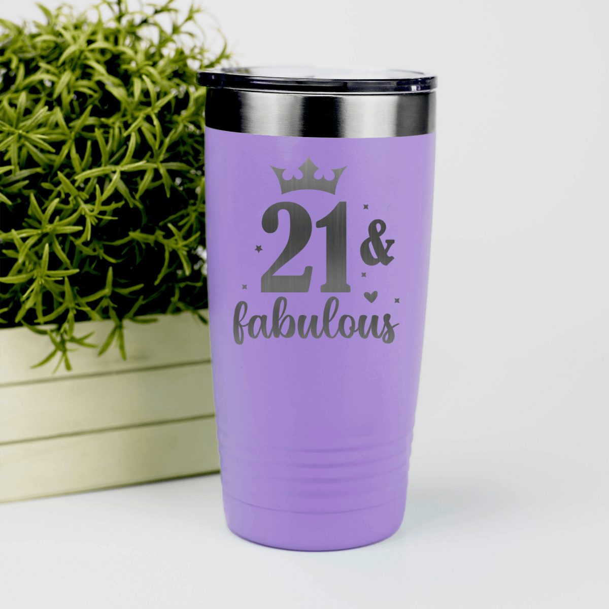 Light Purple Birthday Tumbler With Twenty One And Fabulous Crown Design