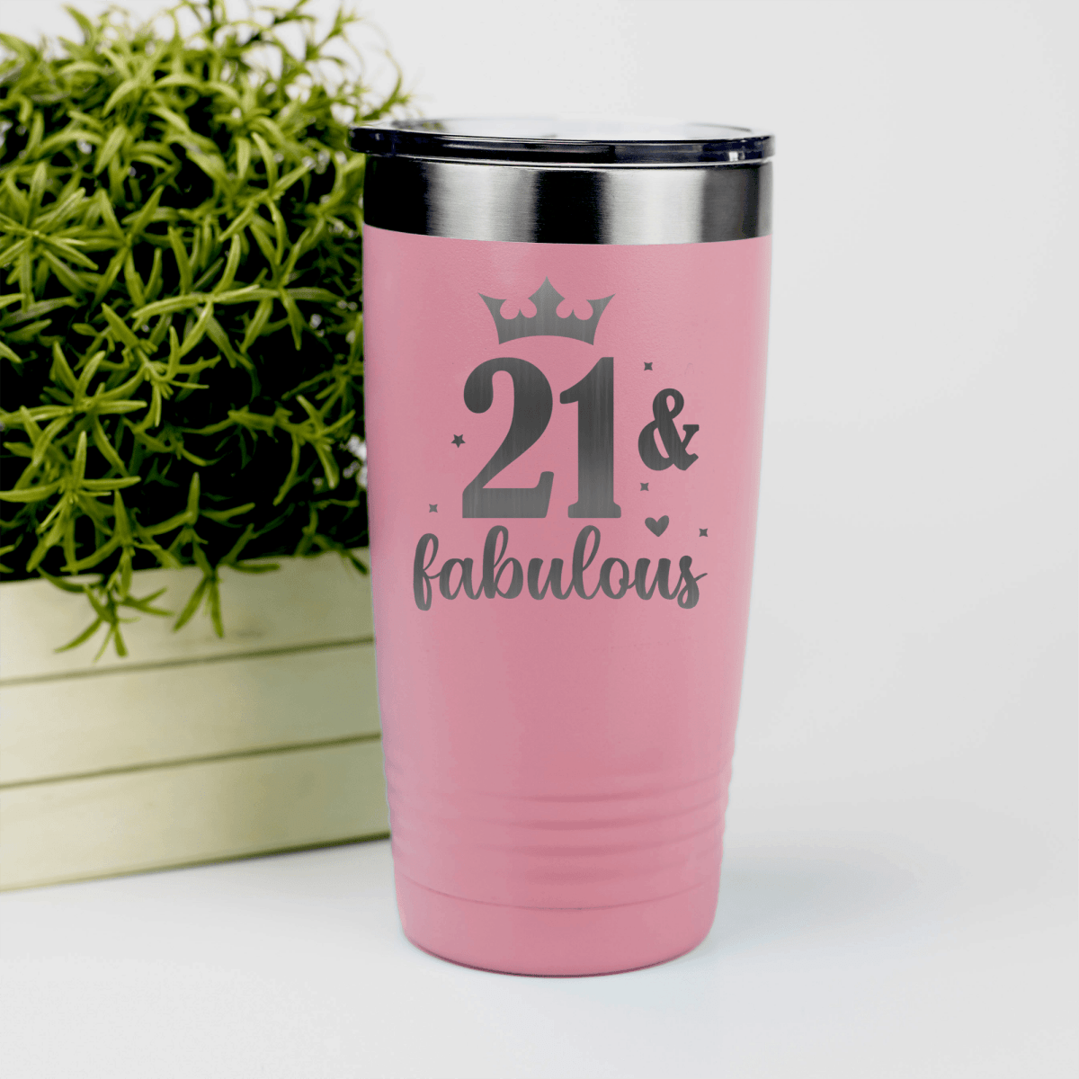 Salmon Birthday Tumbler With Twenty One And Fabulous Crown Design