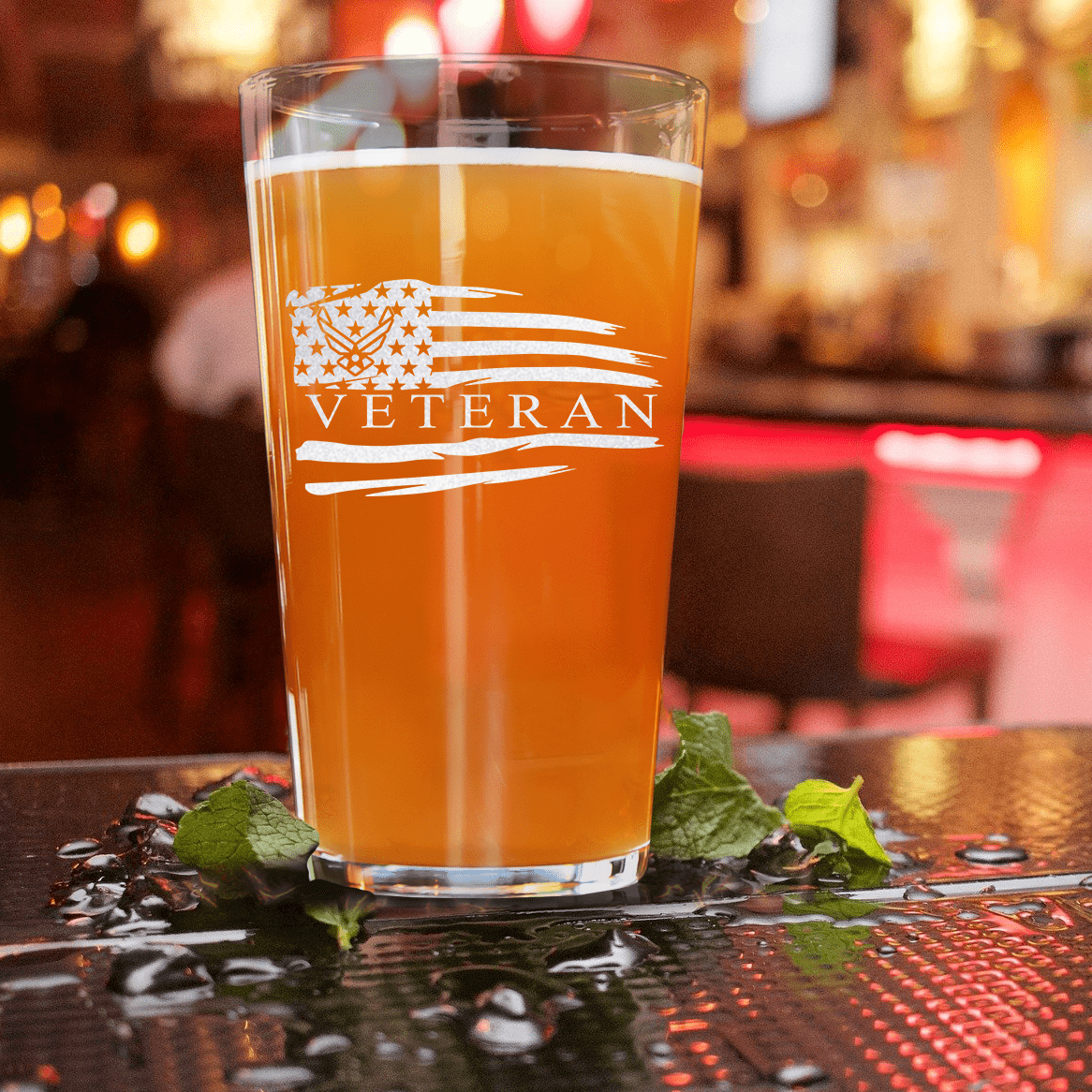 Unique Personalized US Airforce Veteran Flag Pint Glass Customized Military Retirement Pint Glasses Gifts for Men by Groovy Guy