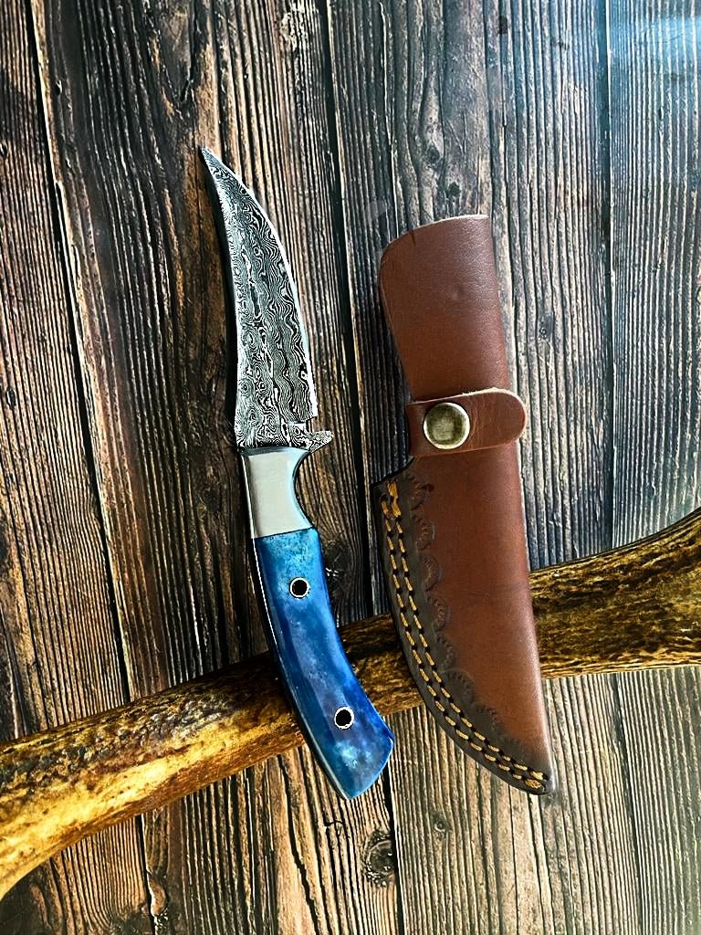 Unique Personalized Damascus Hunting Knife Dyed Blue Bone Handle TD - 601 Customized Damascus Knife Gifts for Men by Groovy Guy