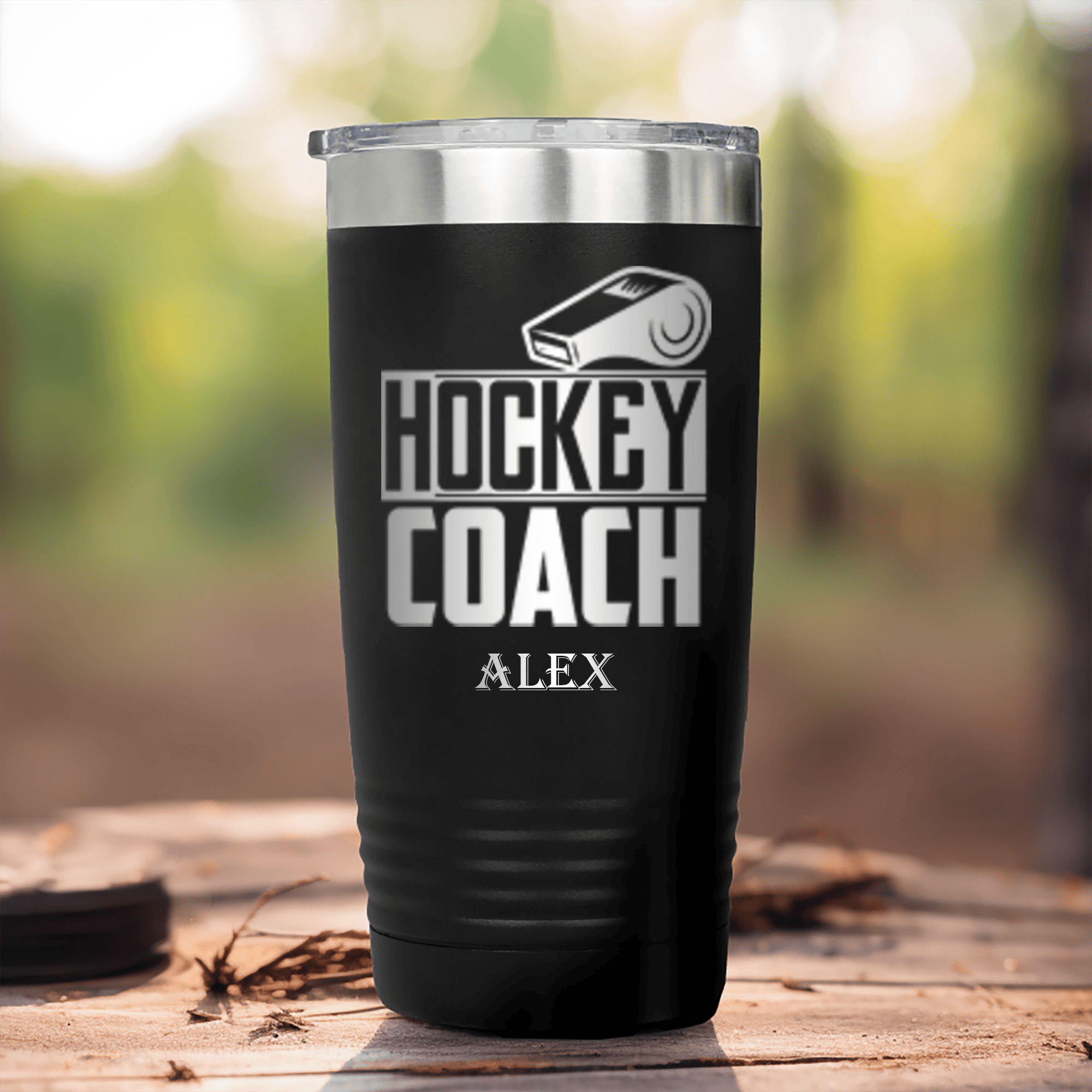 Black Hockey Tumbler With Whistle While You Work It Design
