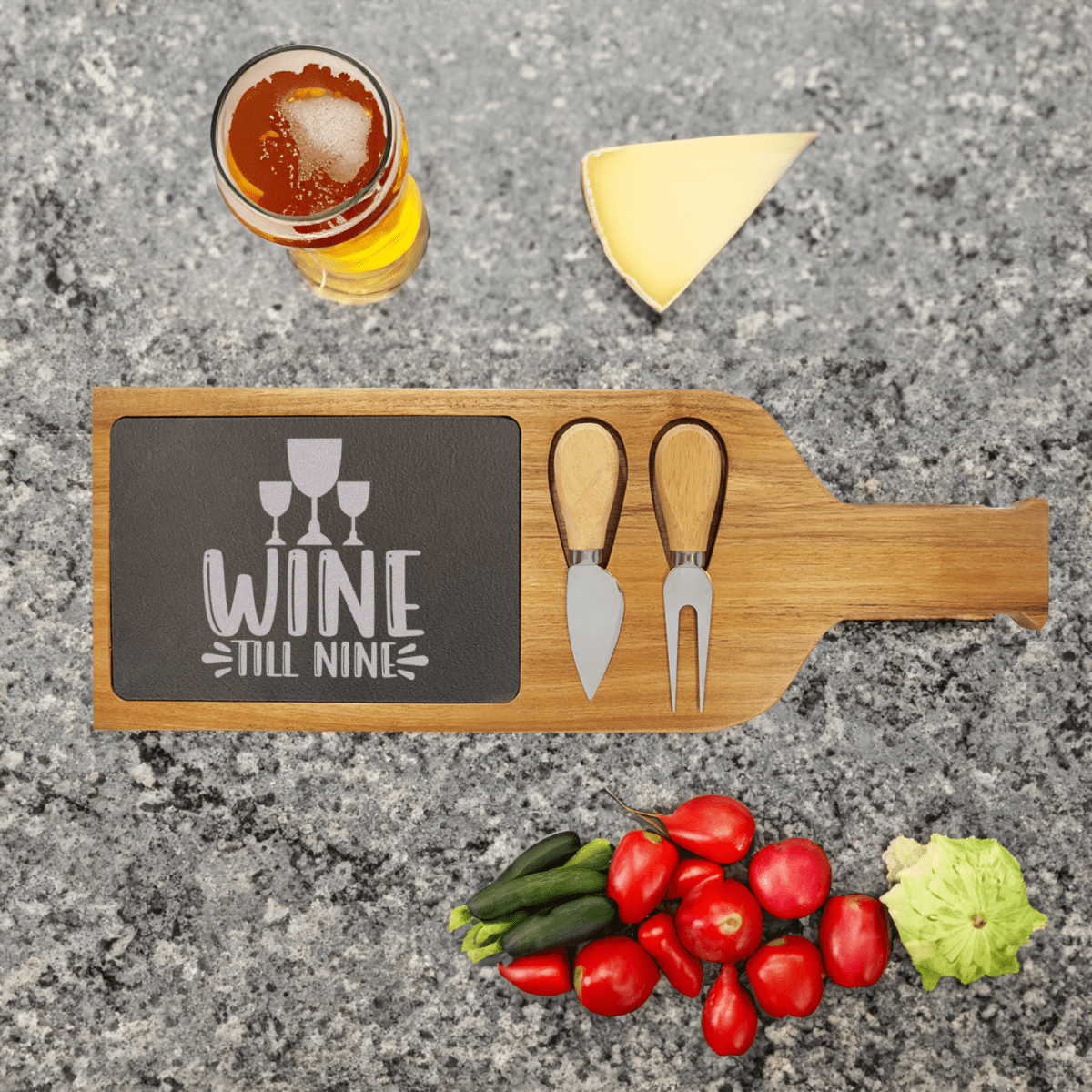 Wine Till Nine Wood Slate Serving Tray With Handle