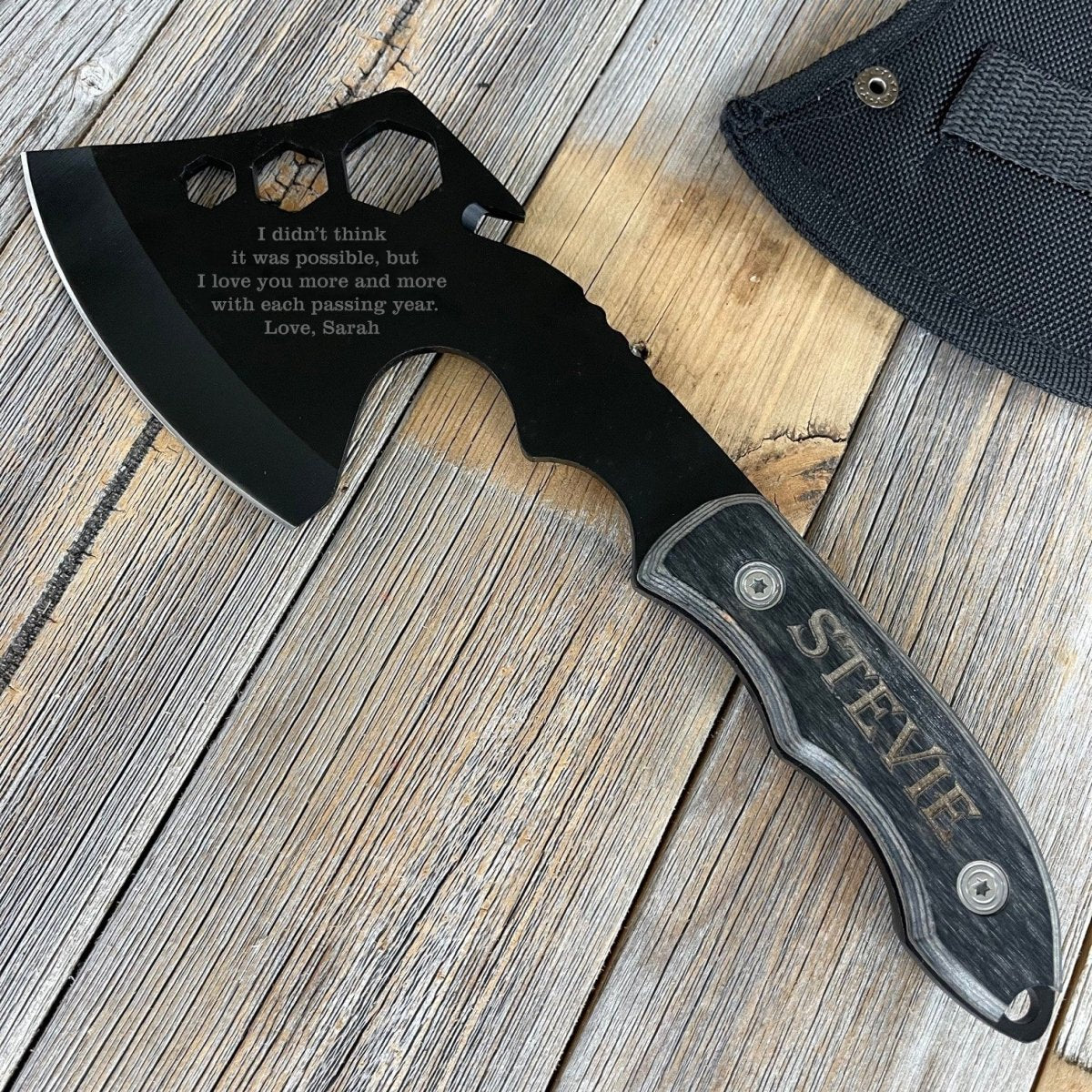 Engraved anniversary axe with high-carbon stainless steel blade, personalized wooden handle, and nylon sheath – perfect for weddings, anniversaries, or thoughtful gifts.