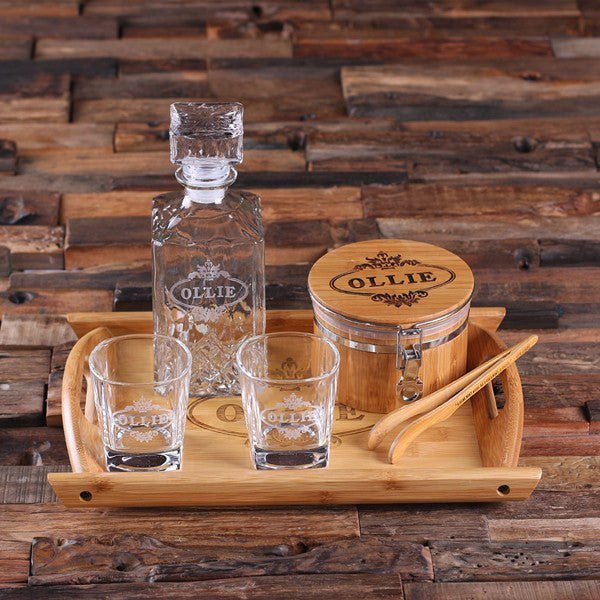 Engraved Crystal Decanter Whiskey Glass Set - Personalized Whiskey Decanter Bar Set
