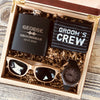 Engraved Matte Black Flask, Grooms Crew Socks, Wooden Sun Glasses and Watch