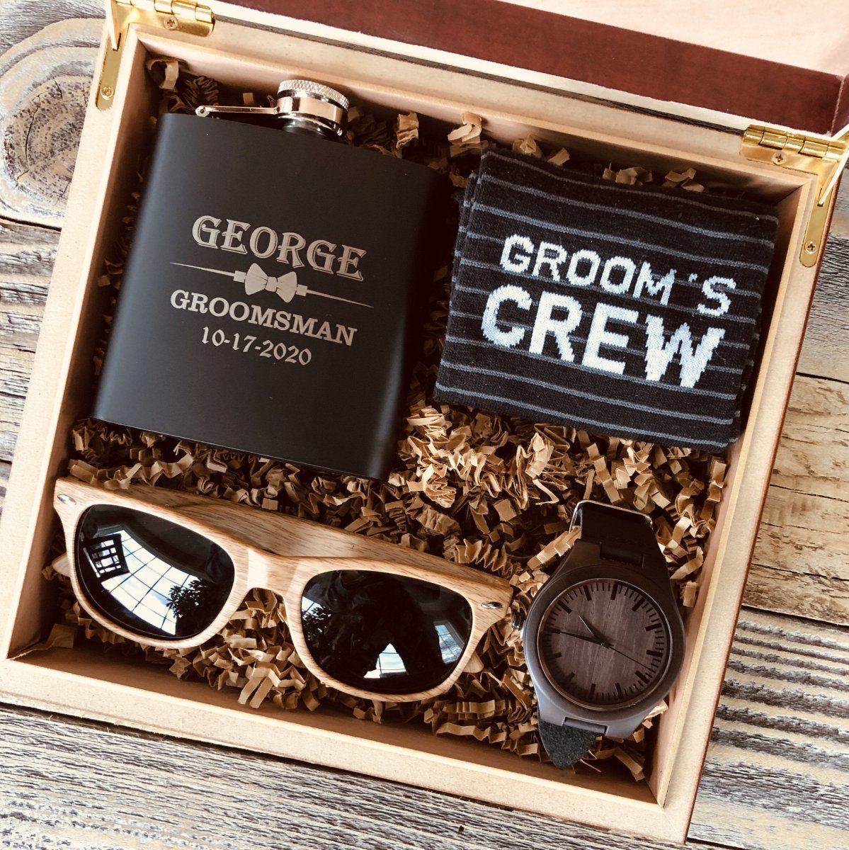Engraved Matte Black Flask, Grooms Crew Socks, Wooden Sun Glasses and Watch