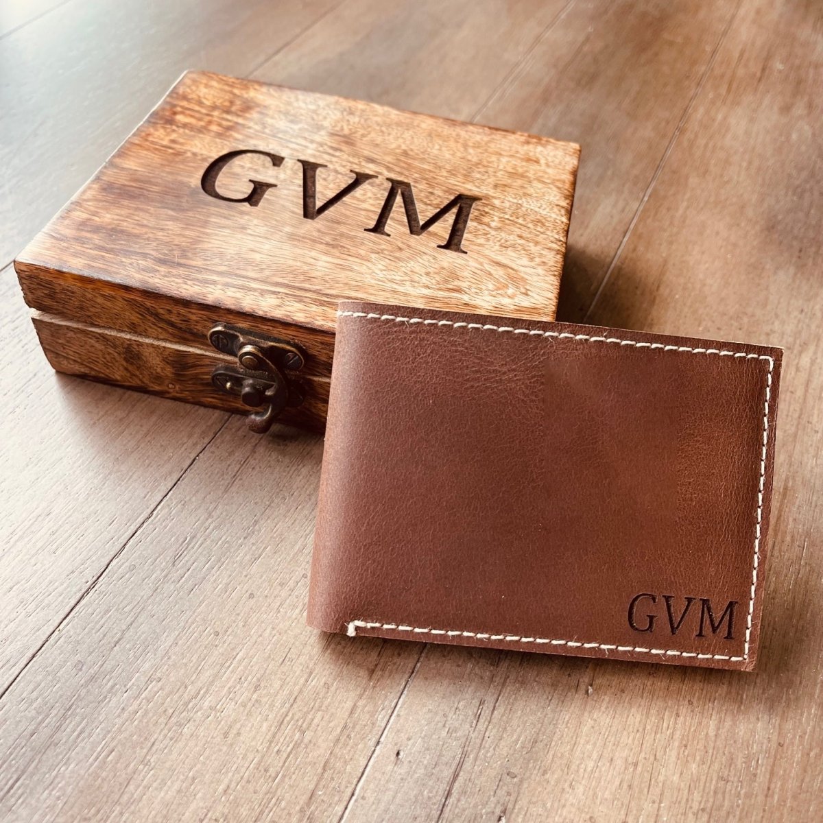 Brown Personalized Leather Wallet with Initials or Name Engraved