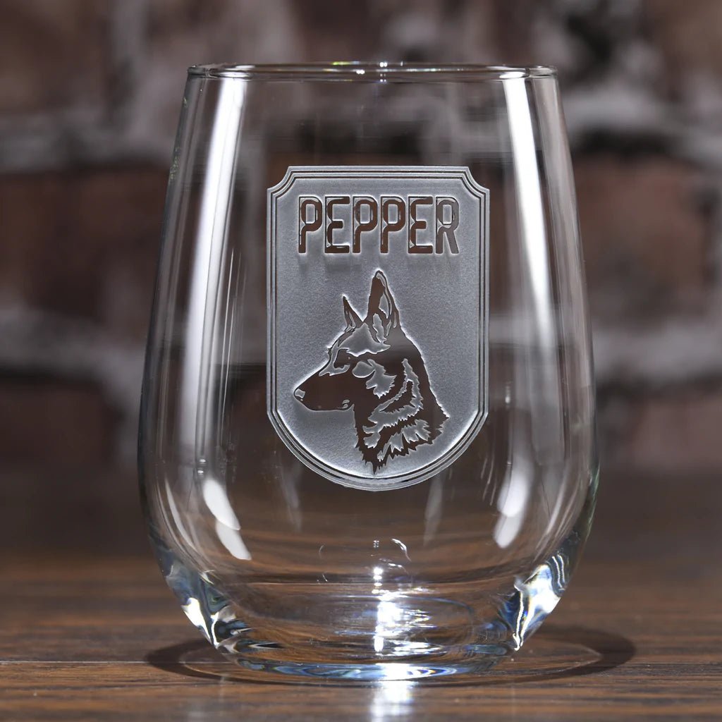Unique Personalized Personalized Dog Breed Stemless Wine Glass Customized Drinking Glass Gifts for Men by Groovy Guy