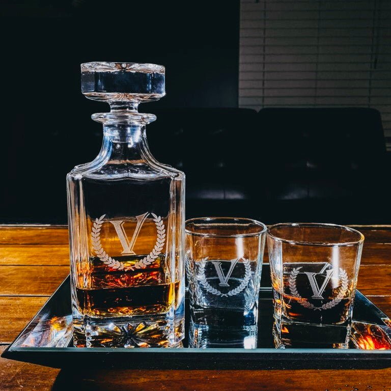 Personalized whiskey decanter set with engraved initial and matching rocks glasses