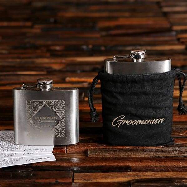 Engraved Small Stainless Steel Flask with Draw String Bag 