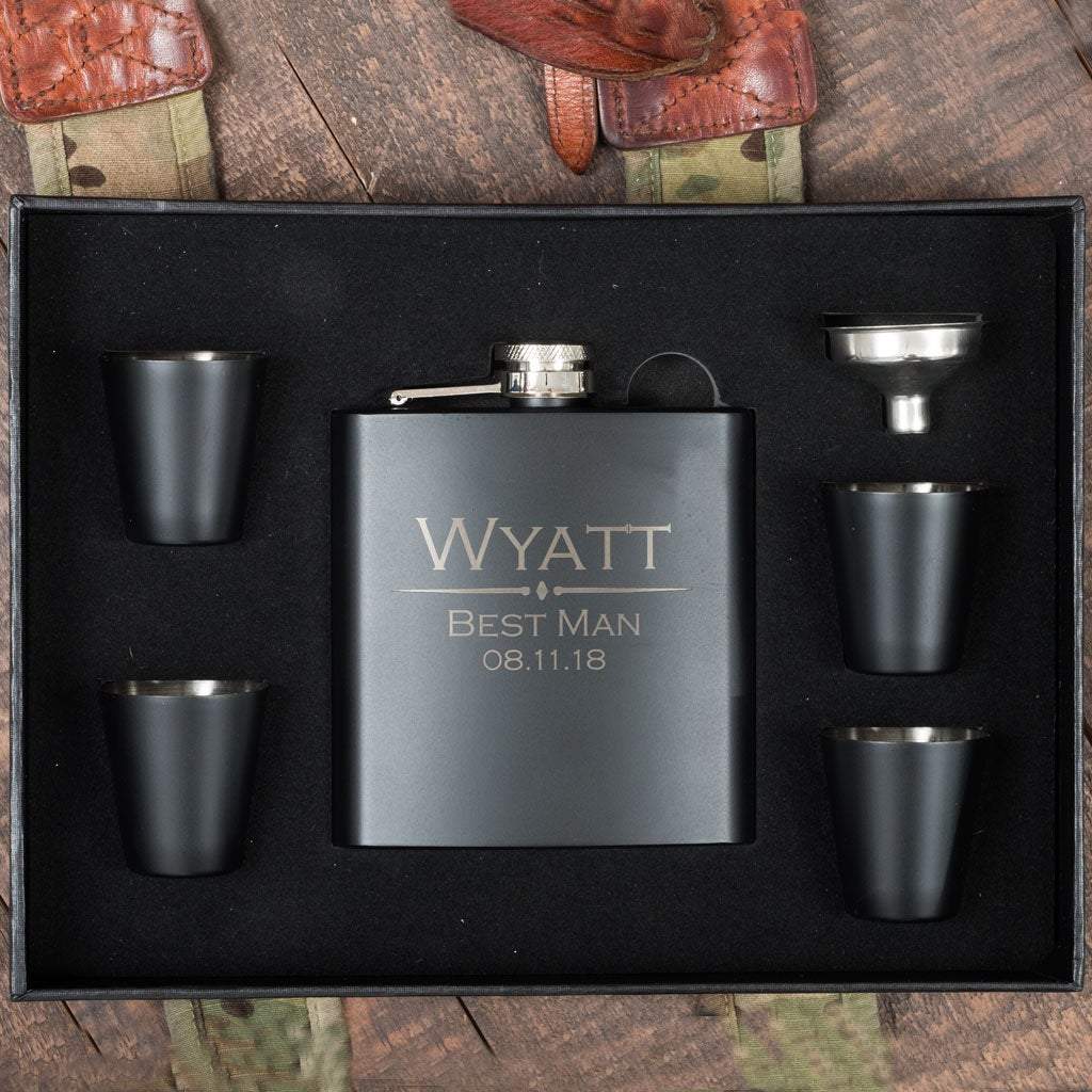 Black Box with Flask and Four Shot Glasses