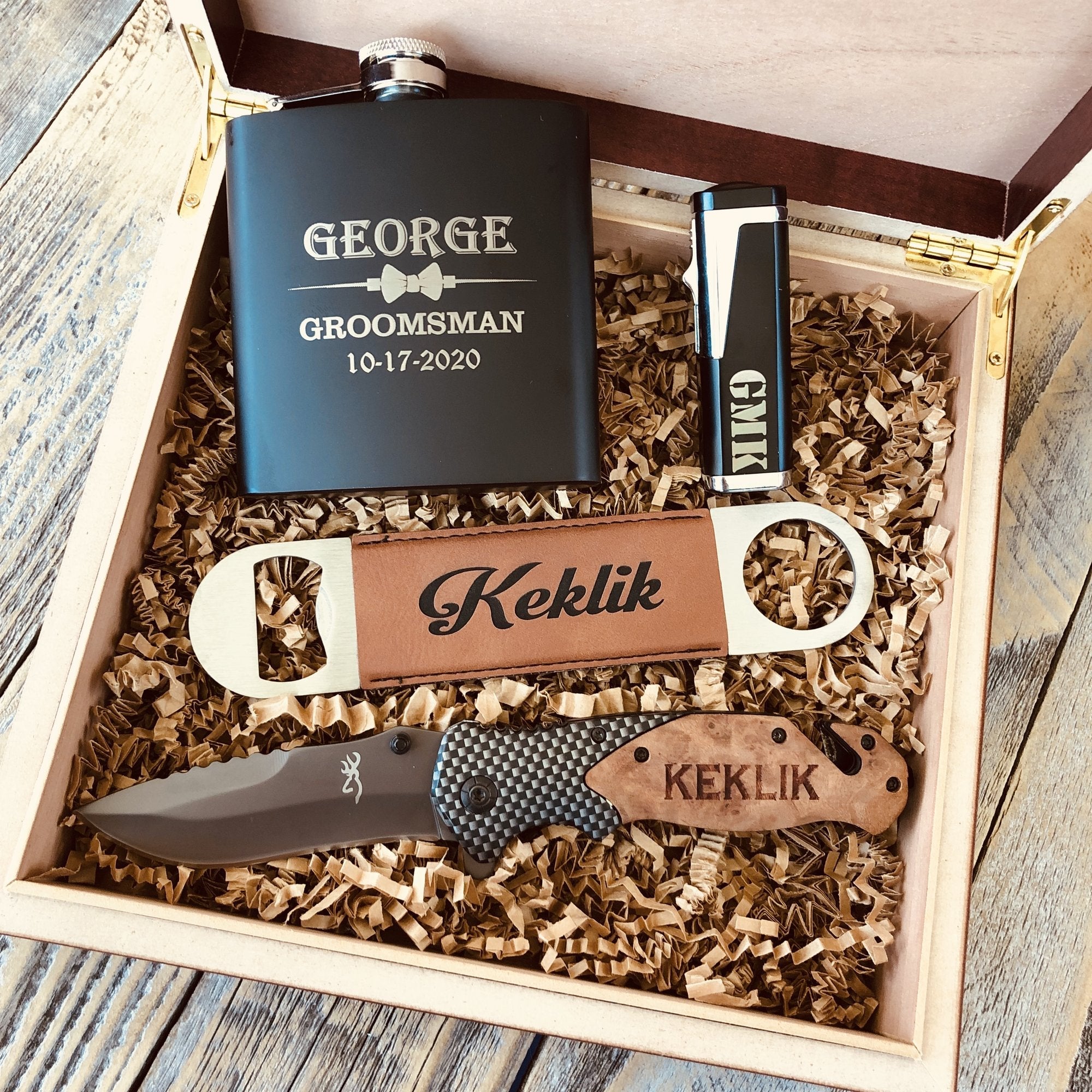 Premium Groomsmen Gift Box Set - Personalized Flask, Lighter & Wallet