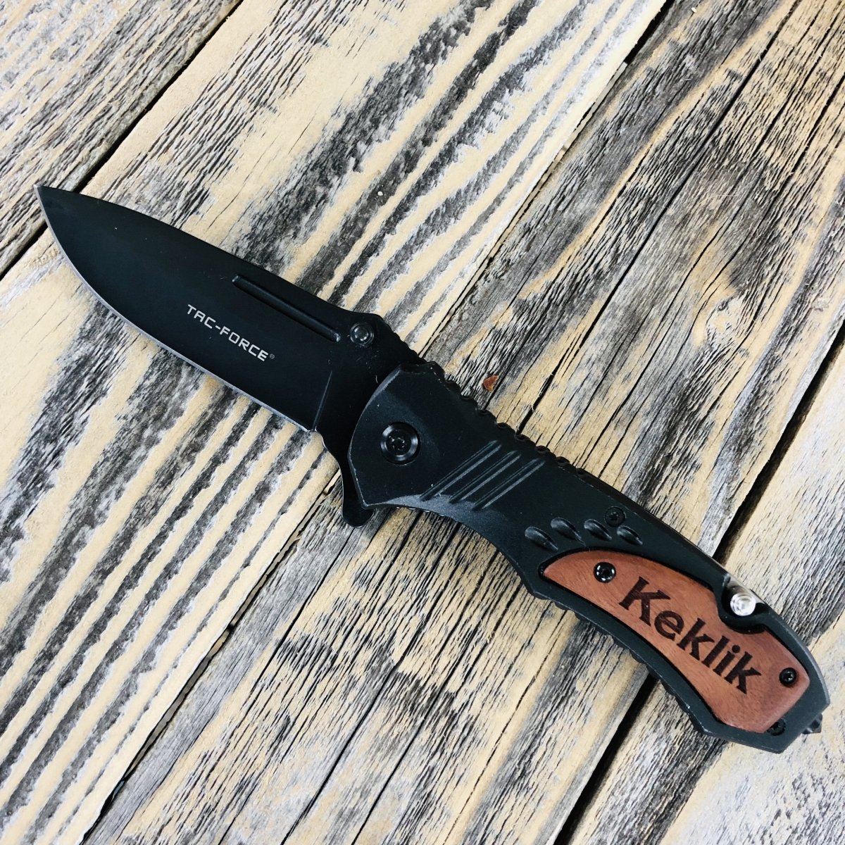 Black Utility Knife, Wooden Engraved Handle