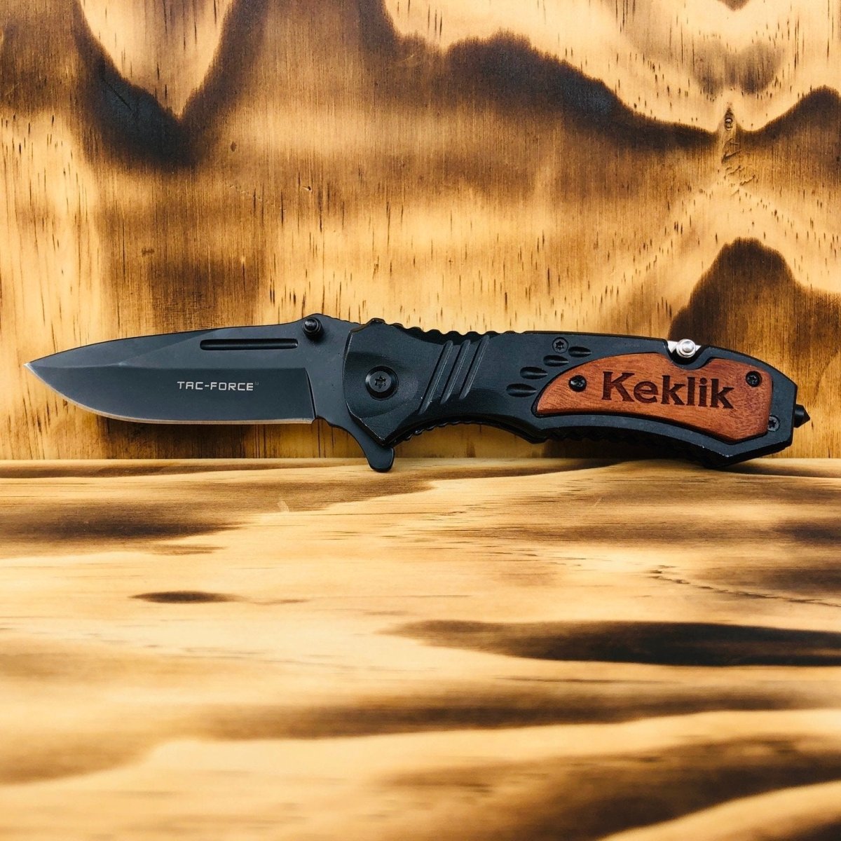 Black Utility Knife, Wooden Engraved Handle