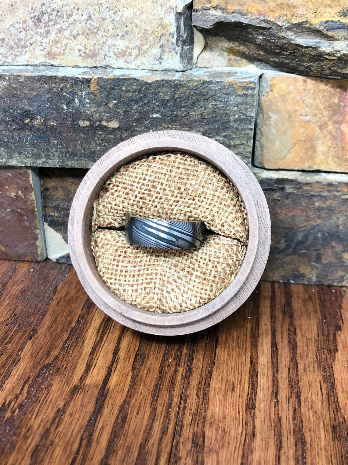 Unique Personalized Damascus Steel and Barrel Wood Ring Customized Ring Gifts for Men by Groovy Guy