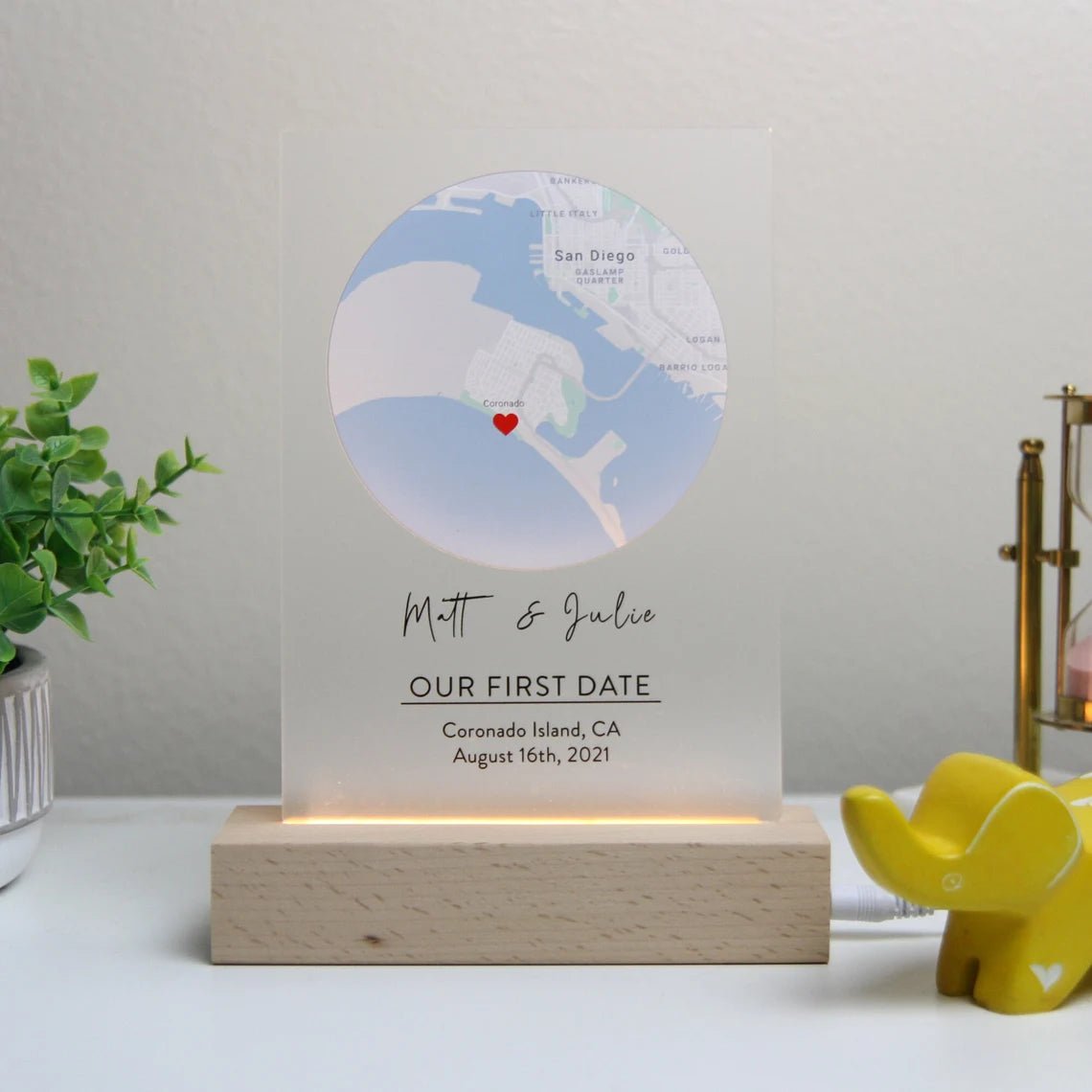 Romantic map sign Personalized Valentine’s Day gift for him with custom coordinates, names, and date, available in wood or acrylic with optional LED light stand