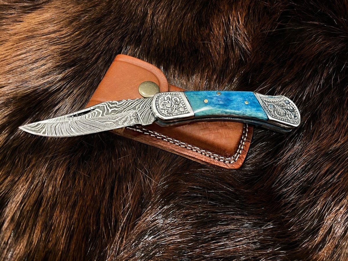 Unique Personalized Dyed Blue Bone Damascus Pocket Knife Customized Damascus Knife Gifts for Men by Groovy Guy