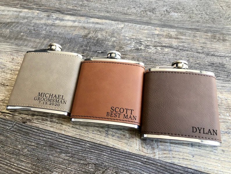 Unique Personalized Leather Flask Gift Set Customized Flasks Gifts for Men by Groovy Guy