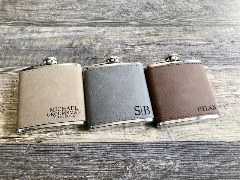 Unique Personalized Leather Flask Gift Set Customized Flasks Gifts for Men by Groovy Guy