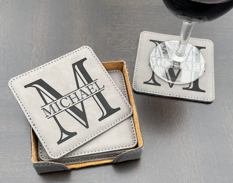 Unique Personalized Leatherette Leather Coasters Customized Coasters Gifts for Men by Groovy Guy