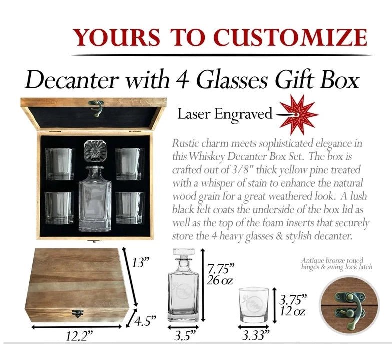 Unique Personalized Custom Whiskey Decanter & Glasses Set Customized Whiskey Glass Set Gifts for Men by Groovy Guy