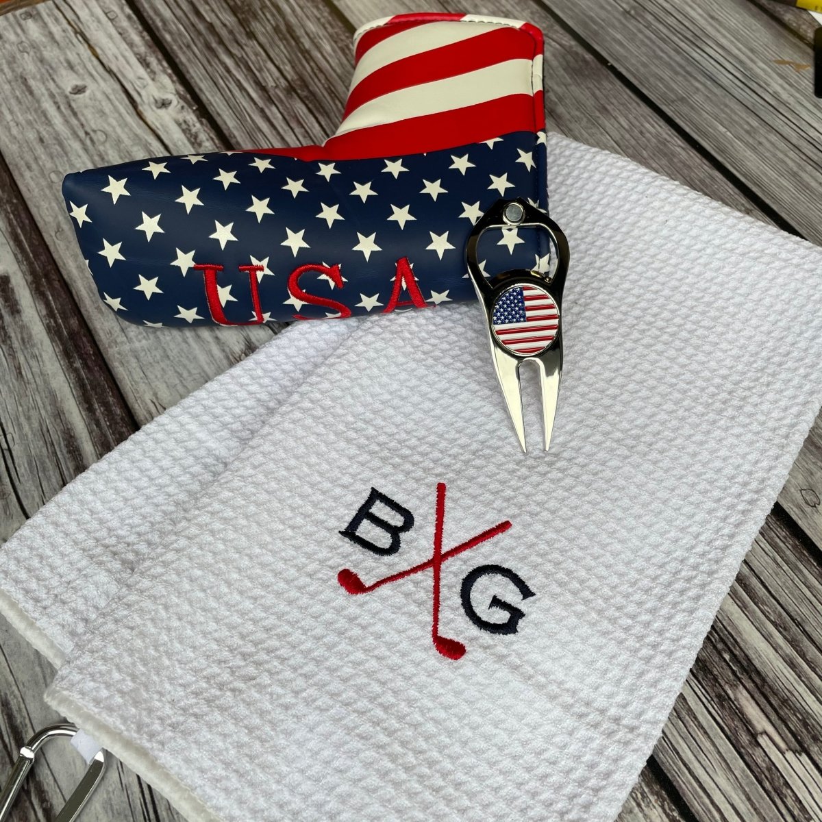 USA Golf Gift Set with personalized towel, stars and stripes putter cover, and multifunctional golf tool