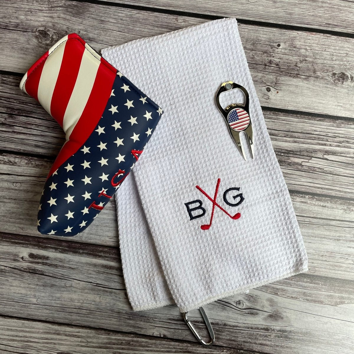 USA Golf Gift Set with personalized towel, stars and stripes putter cover, and multifunctional golf tool