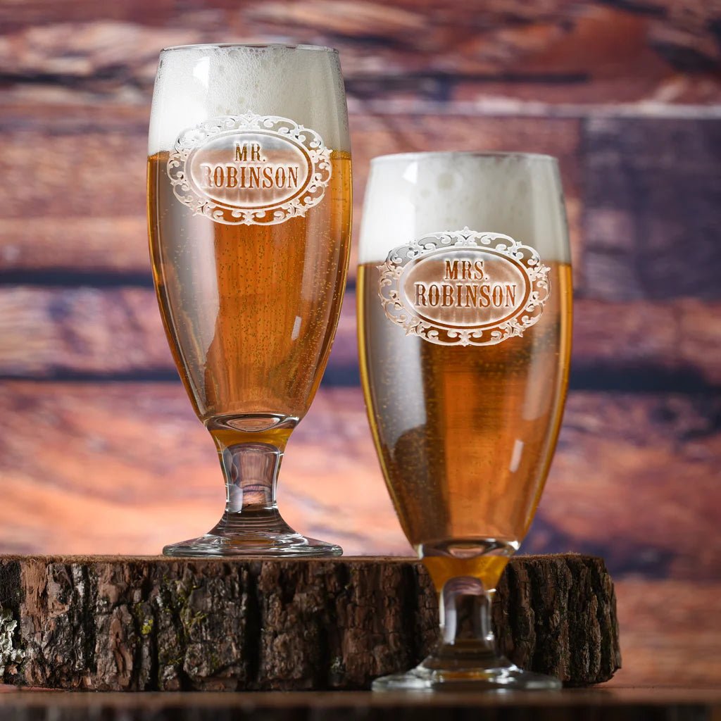 Unique Personalized Mr. and Mrs. Personalized Goblet Set Customized pint glass Gifts for Men by Groovy Guy