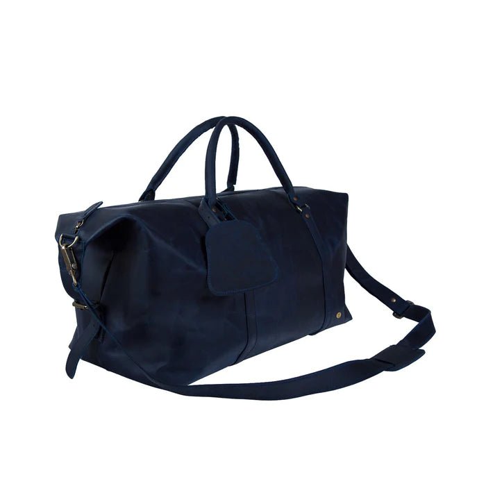 Unique Personalized Navy Leather Duffle Customized Duffel Bags Gifts for Men by Groovy Guy