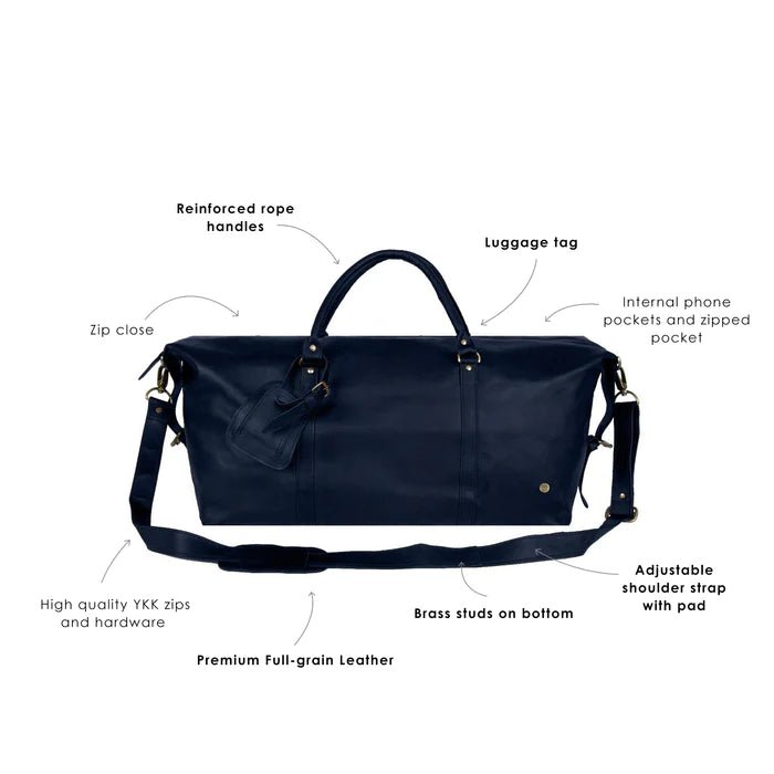Unique Personalized Navy Leather Duffle Customized Duffel Bags Gifts for Men by Groovy Guy