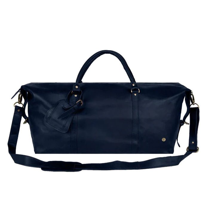 Unique Personalized Navy Leather Duffle Customized Duffel Bags Gifts for Men by Groovy Guy