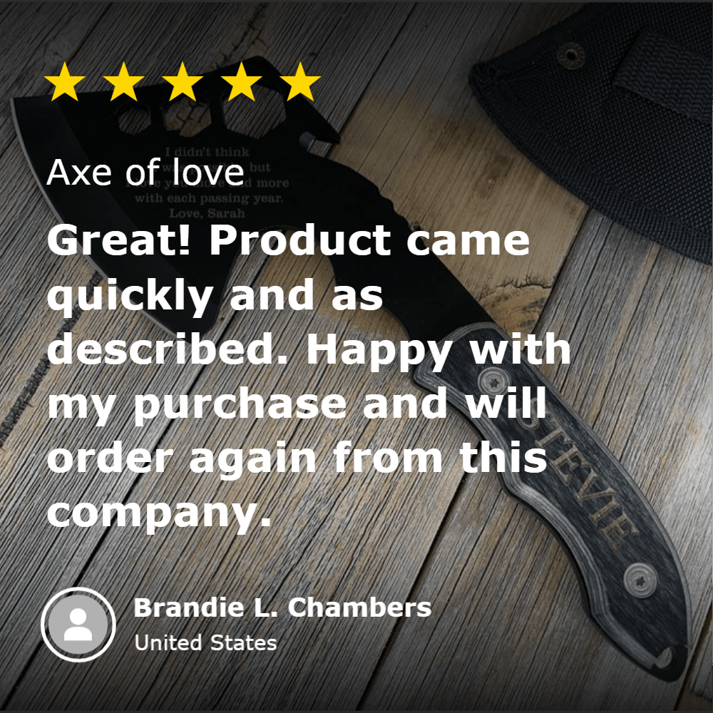 Engraved anniversary axe with high-carbon stainless steel blade, personalized wooden handle, and nylon sheath – perfect for weddings, anniversaries, or thoughtful gifts.
