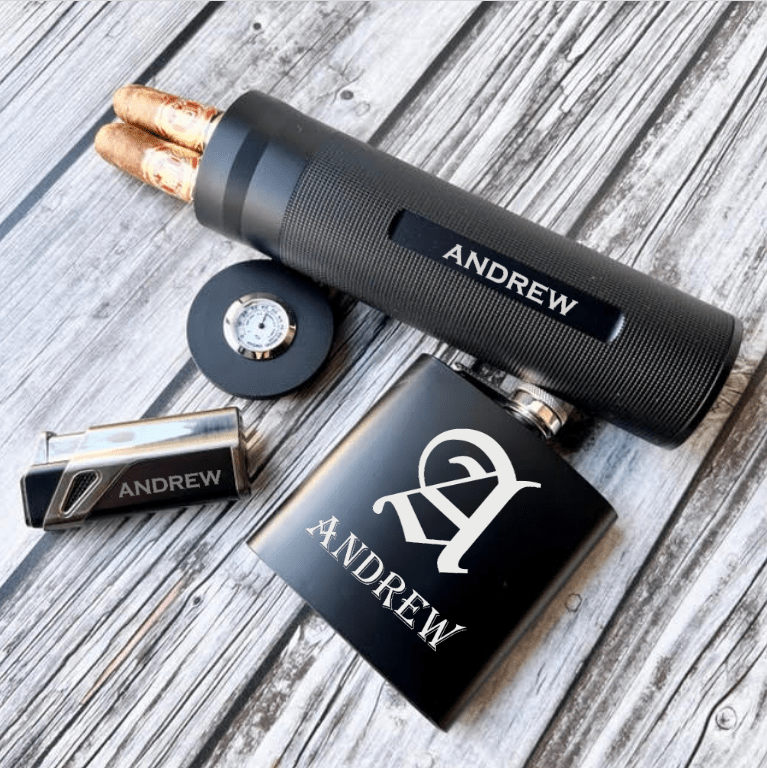 Luxury cigar and whiskey gift set with engraved cigar case, flask, and torch lighter in a gift box