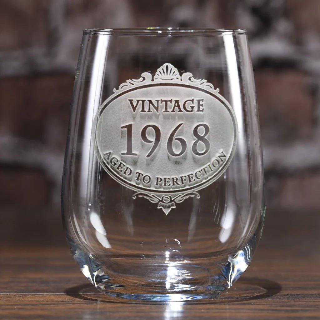 Unique Personalized Engraved Vintage Year Stemless Wine Glass Customized Drinkware Gifts for Men by Groovy Guy