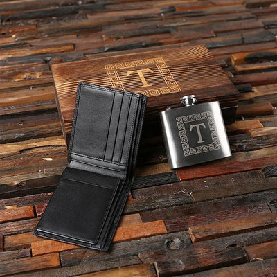 Black Leather Wallet and Stainless Steel Flask