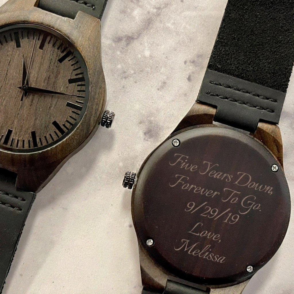 Timber Tribute personalized engraved wood watch for a 5 year wood anniversary gift for him