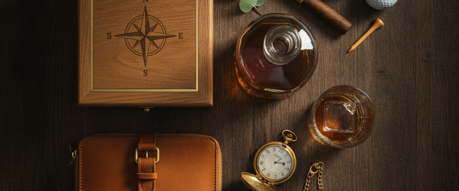 A flat-lay of personalized retirement gifts for men including an engraved whiskey decanter, wooden keepsake box, leather dopp kit, brass pocket watch, and golf ball on aged walnut wood.
