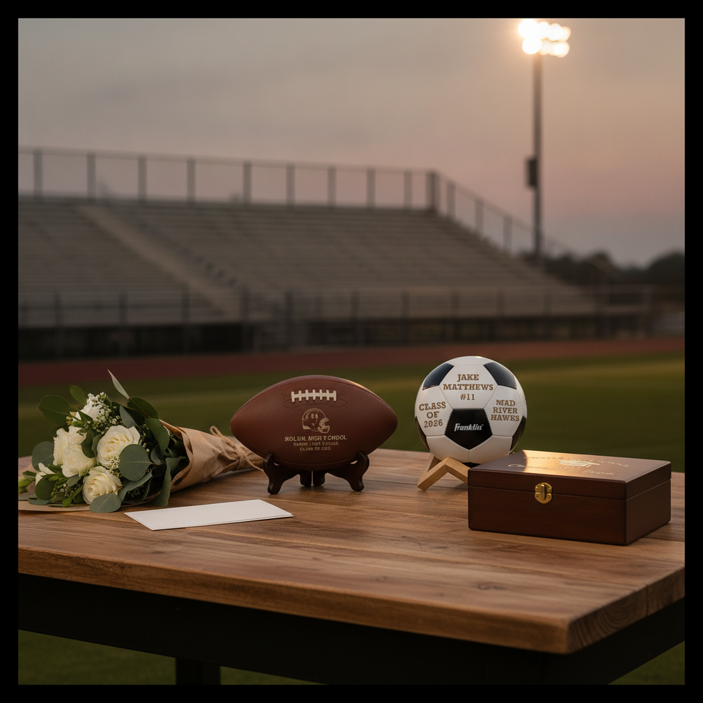 Senior night gift table before the game with an engraved football award, personalized soccer ball, graduation keepsake box, and flowers for the recognition walk