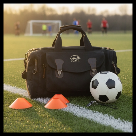 Personalized soccer coach duffle bag on a pitch with a ball and cones, a soccer coach gift