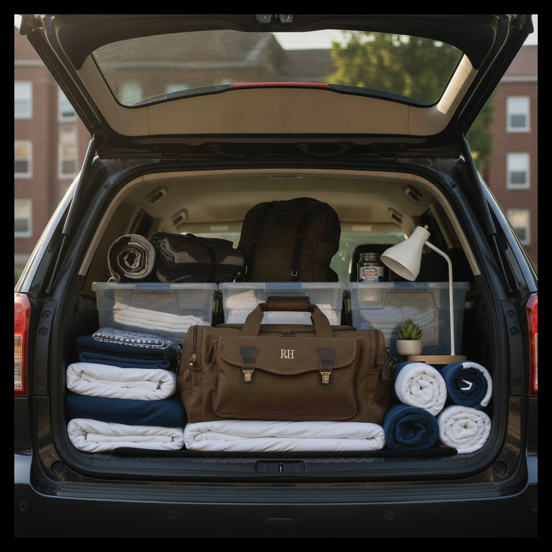 A personalized Muscle Duffle bag packed in an SUV for college move-in day with twin XL bedding and storage bins