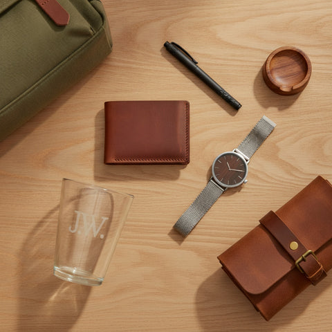 A flat-lay of personalized gifts for young men on a light oak desk: a monogrammed leather wallet, an EDC pen, a wood-face watch, an olive canvas backpack, a personalized pint glass, a wooden charging dock, and a leather dopp kit.