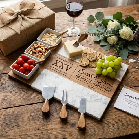 Personalized 25th anniversary charcuterie board in acacia wood and white marble, engraved with the Roman numeral XXV and a couple’s names above the words twenty-five years strong