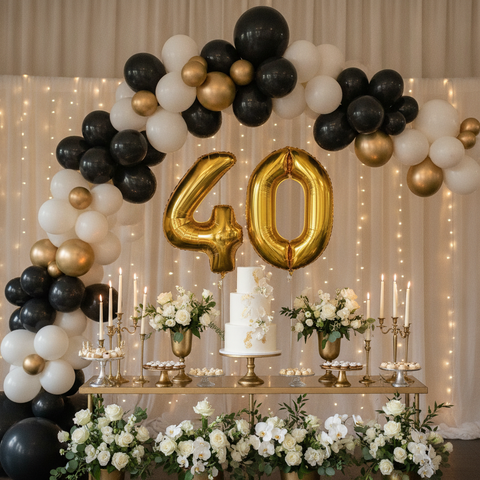 Elegant 40th birthday party display with a gold number 40 balloon centerpiece, black and ivory balloon garland, a styled dessert and cake table, and warm string lights.