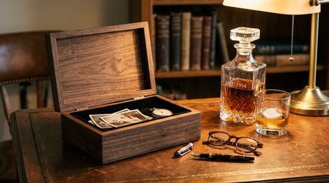 A personalized wooden keepsake box open beside an engraved whiskey decanter and reading glasses on a walnut desk in a warm study, gifts for a 70-year-old man.