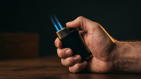 A hand holding a matte black torch lighter with two sharp blue jet flames burning against a dark background