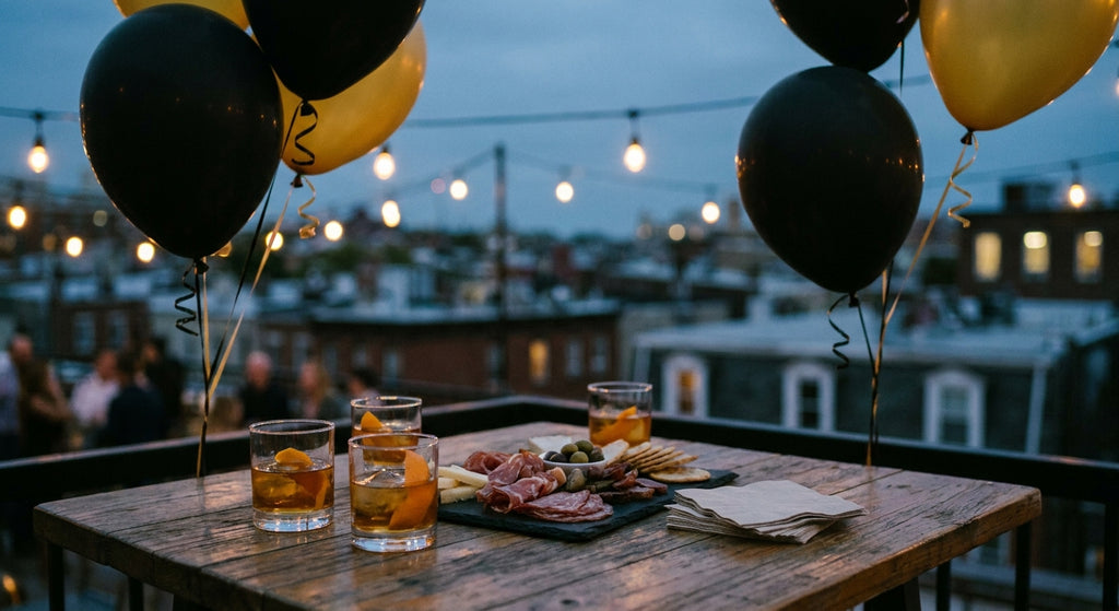 A rooftop bar table at dusk set for a birthday party with whiskey tumblers, a charcuterie board and black and gold balloons under warm string lights above city rooftops