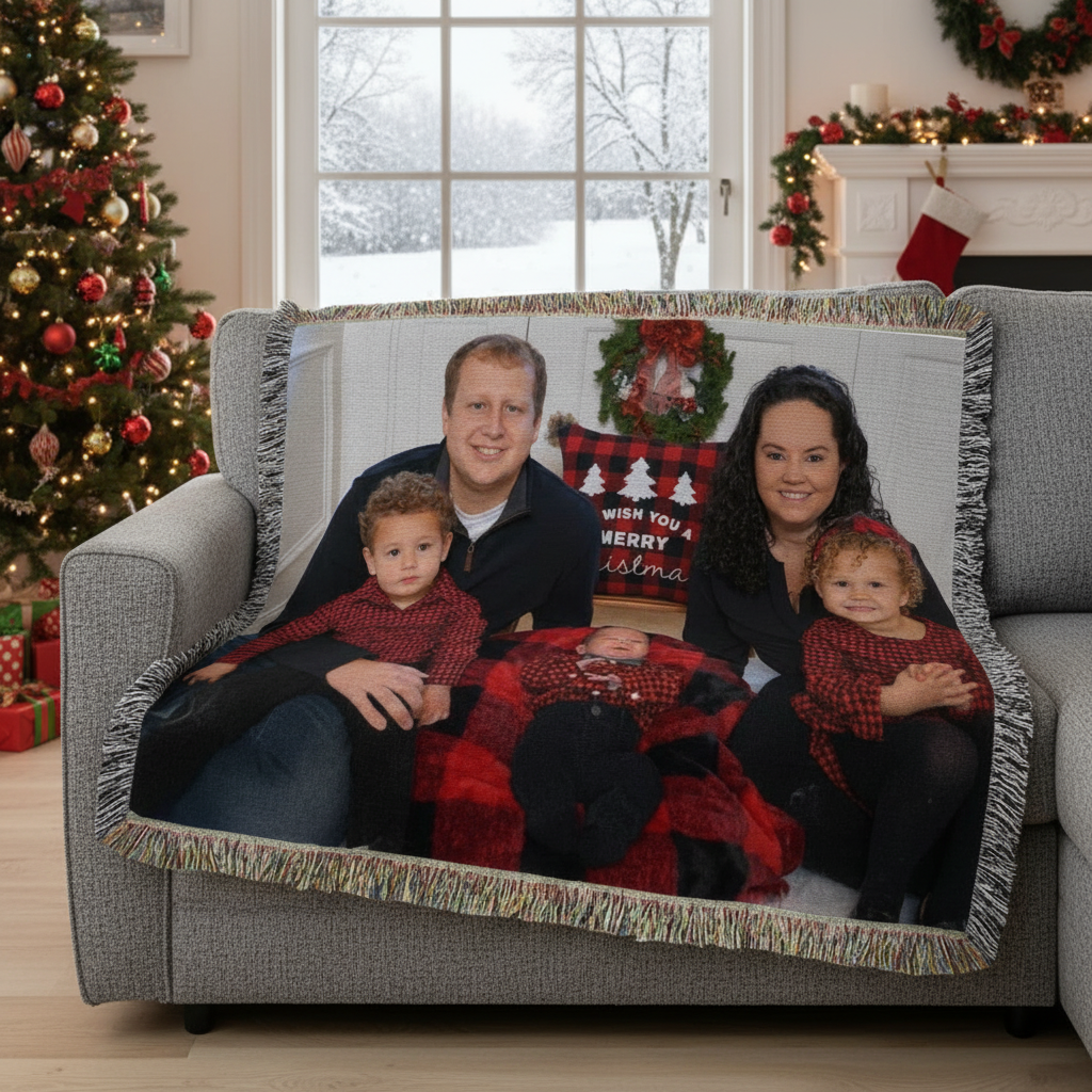 Family of four smiling on a living room couch under a woven photo blanket at Christmas, a personalized Christmas gift for grandpa from the grandkids