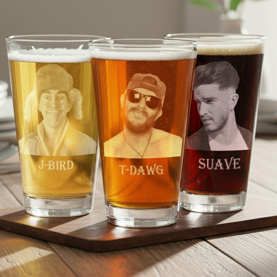 Three pint glasses laser engraved with photo portraits and nicknames on a wood board, a personalized stocking stuffer for men from Groovy Guy Gifts
