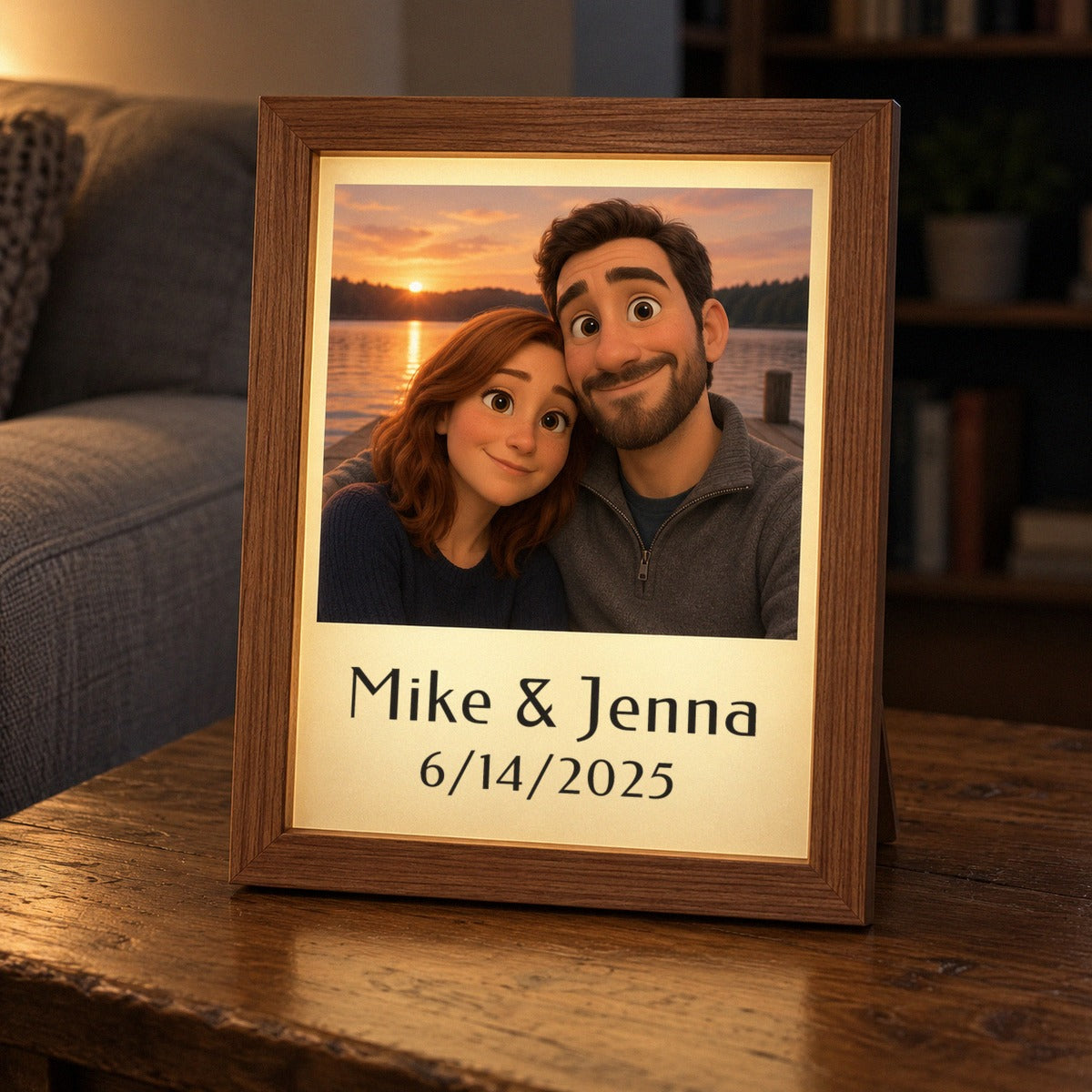 Cartoon picture frame lit up on a living room side table, a couple's photo redrawn as a cartoon portrait with Mike & Jenna and 6/14/2025 printed below