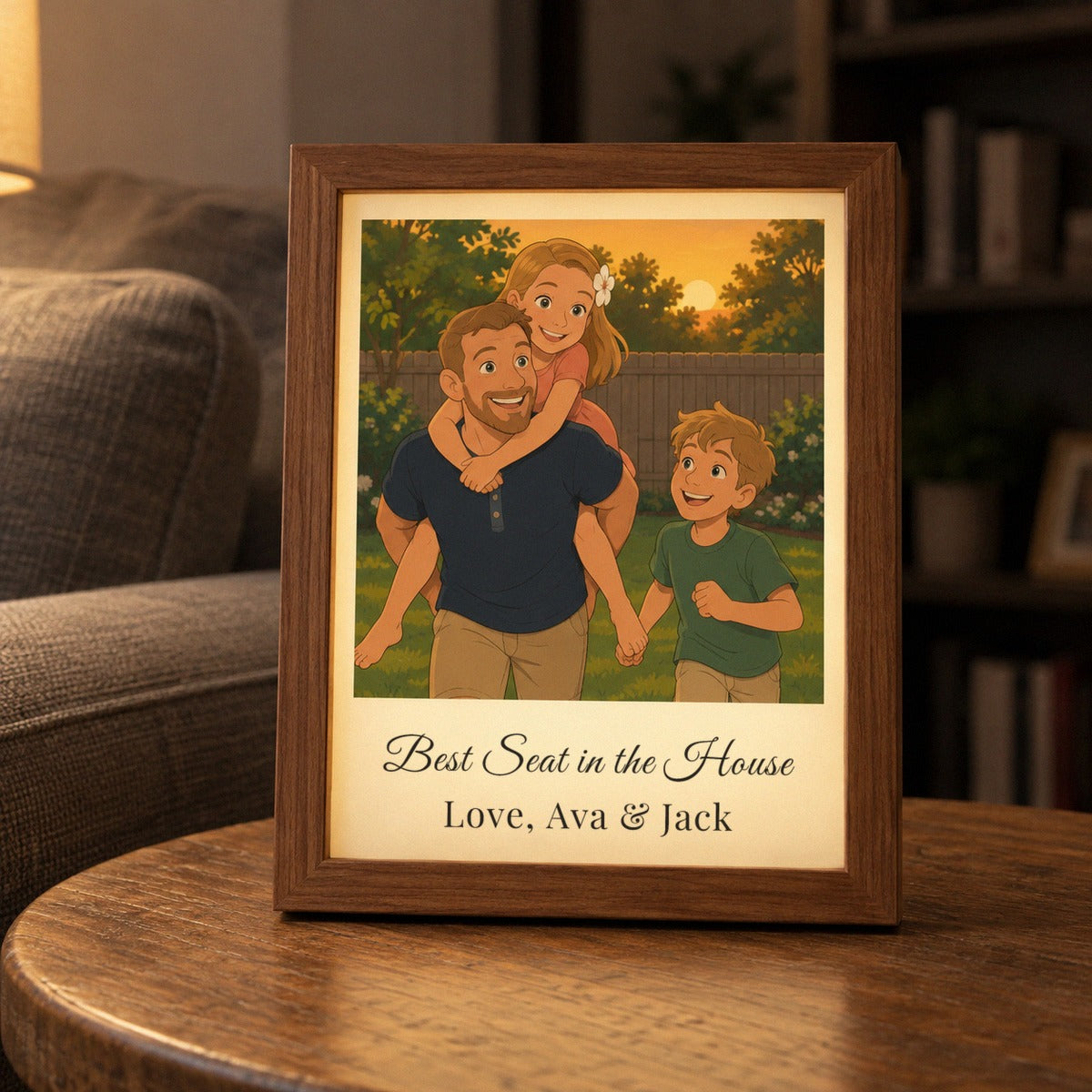 Personalized cartoon picture frame for dad lit up on a side table, a dad giving his daughter a piggyback, Best Seat in the House and Love, Ava & Jack below